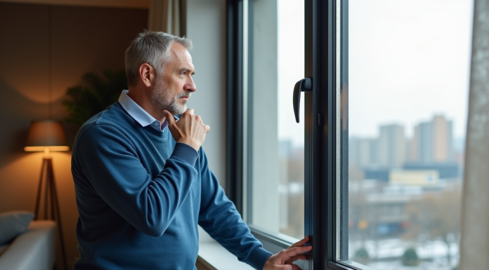 Homme inspectant une fenetre triple vitrage moderne