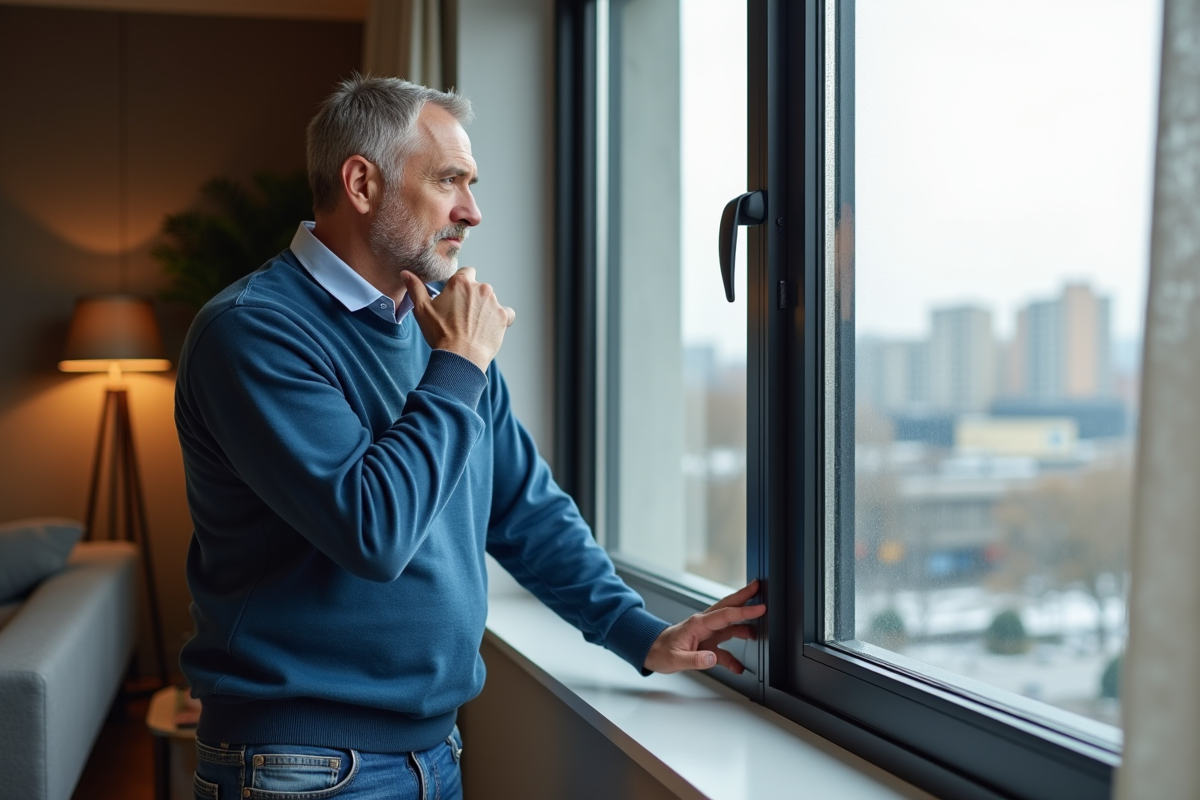 Homme inspectant une fenetre triple vitrage moderne