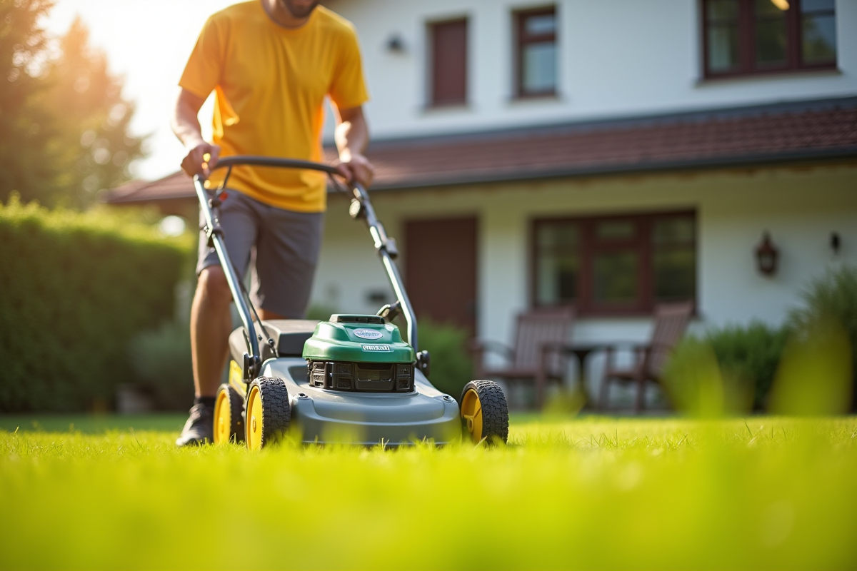 Jardinier souriant utilisant une tondeuse Einhell dans le jardin