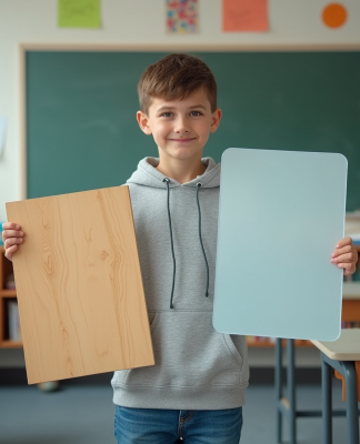 Jeune garçon en classe avec planche en bois et plastique
