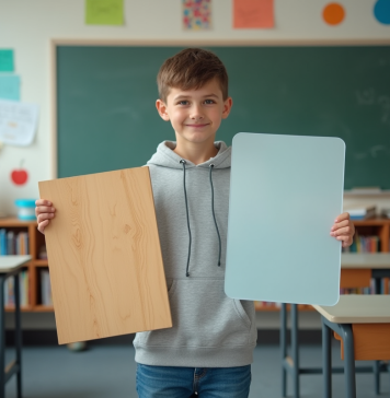 Matériaux opaques et translucides : comment bloquent-ils la lumière ? Jeune garçon en classe avec planche en bois et plastique