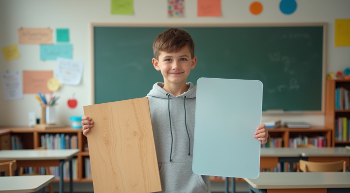 Jeune garçon en classe avec planche en bois et plastique