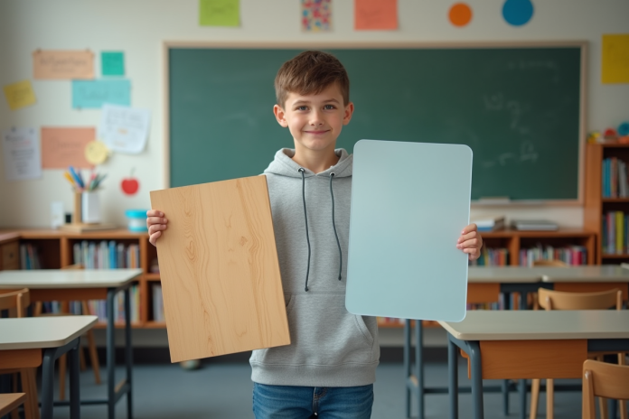 jeune-homme-salle-classe Jeune garçon en classe avec planche en bois et plastique