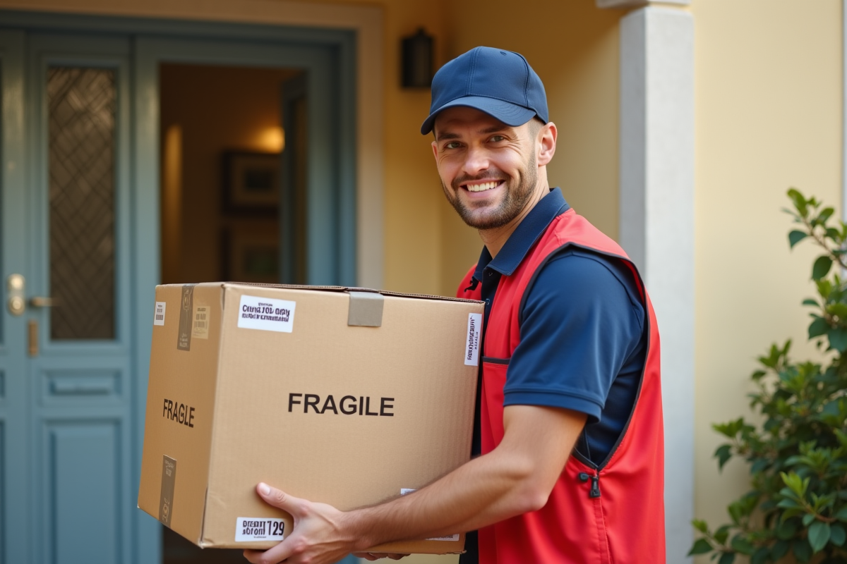 Livreur portant un colis fragile devant une porte de maison