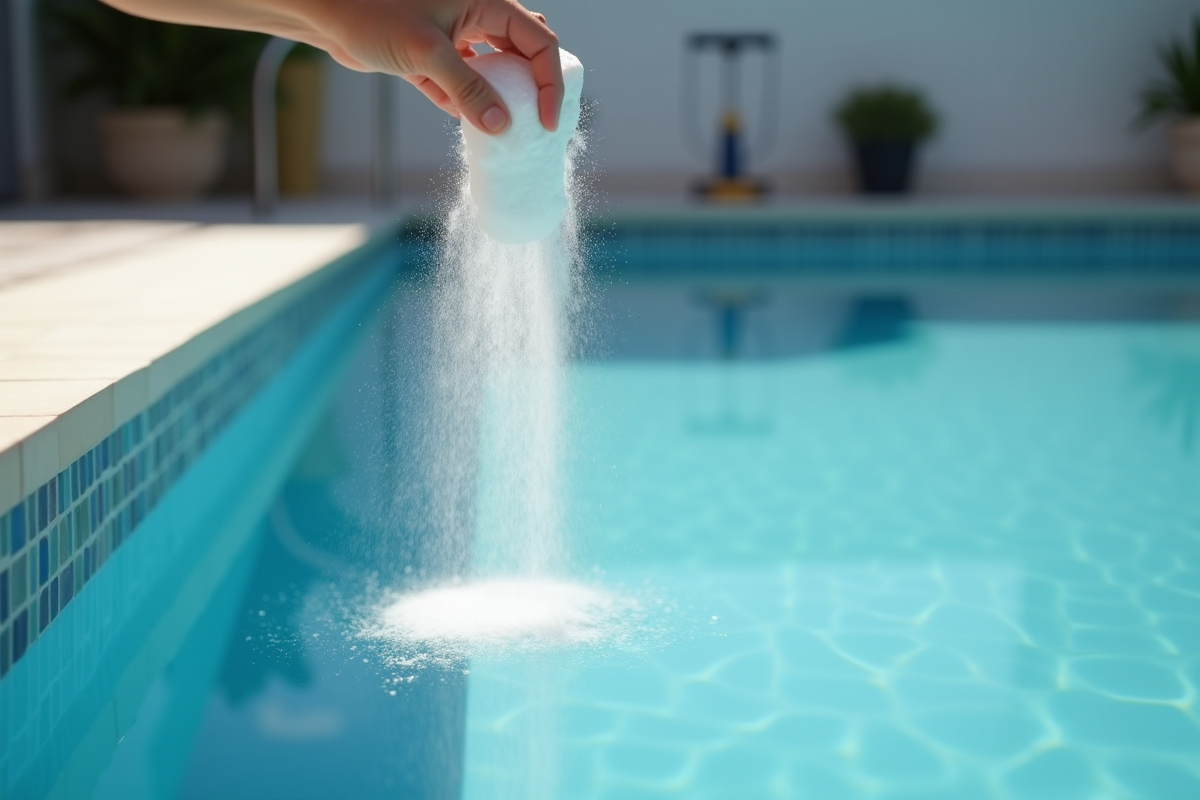 Main saupoudrant du bicarbonate sur le bord de la piscine