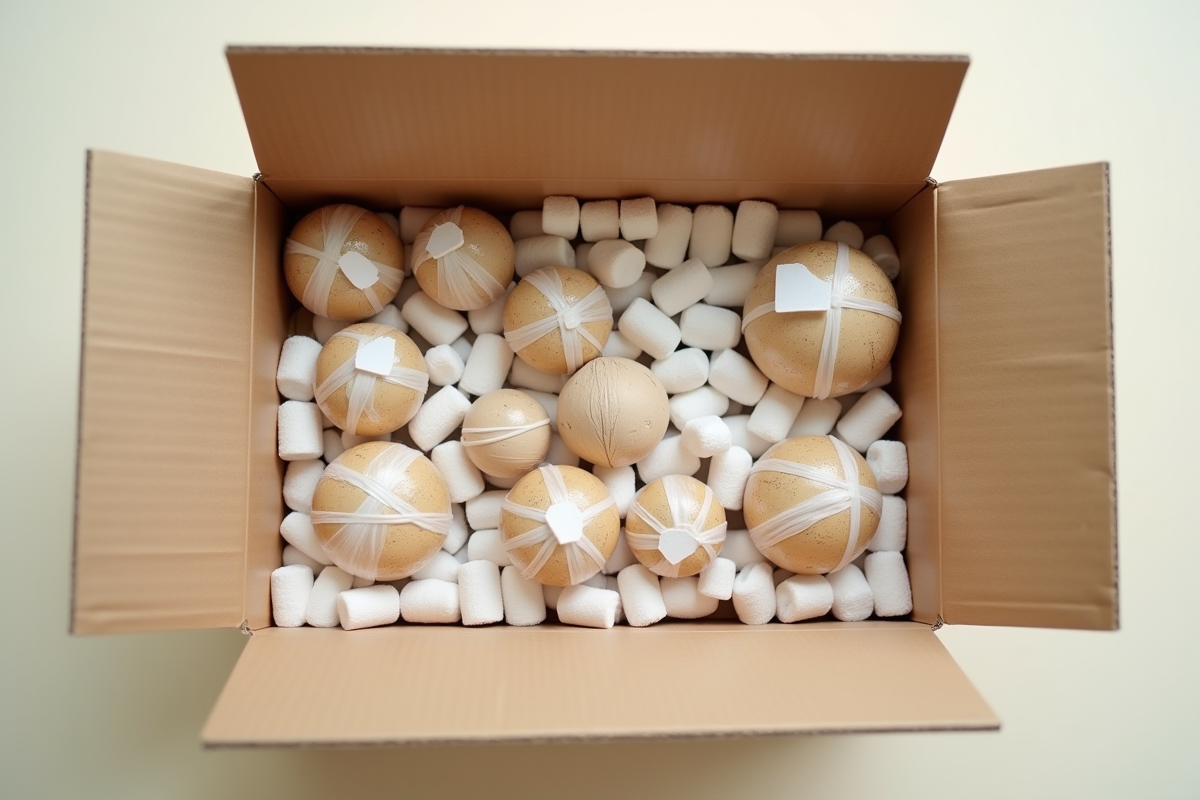 Objets fragiles emballés dans une boîte de déménagement