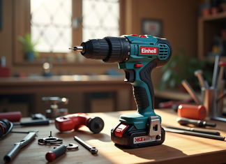Einhell : avis sur la marque : qualité, fiabilité et performance Perceuse sans fil Einhell sur un établi lumineux