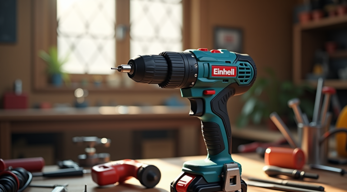 Perceuse sans fil Einhell sur un établi lumineux