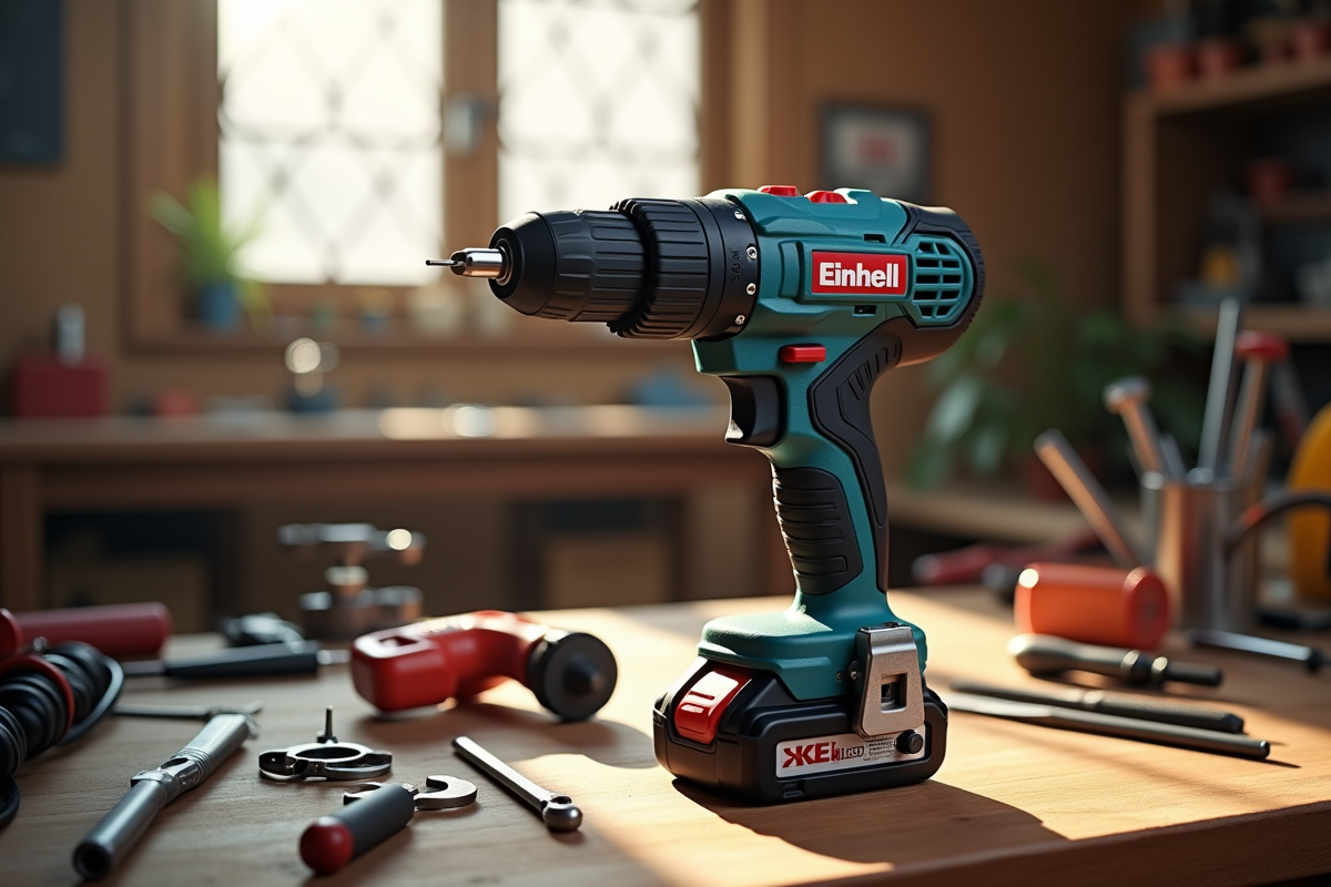Perceuse sans fil Einhell sur un établi lumineux