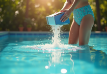 Personne verse du bicarbonate dans une piscine extérieure