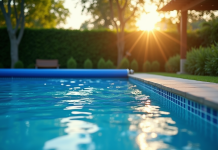 Piscine dans jardin au matin avec couverture solaire partiellement déployée