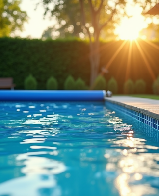 Piscine dans jardin au matin avec couverture solaire partiellement déployée