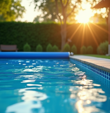 Chauffer une piscine avec une couverture solaire : durée optimale pour un réchauffement efficace Piscine dans jardin au matin avec couverture solaire partiellement déployée