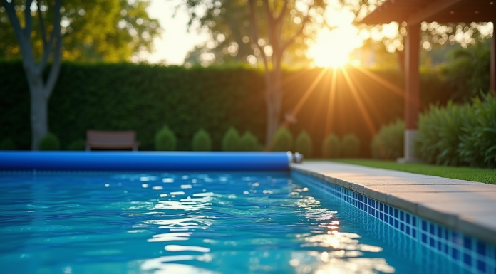 Piscine dans jardin au matin avec couverture solaire partiellement déployée