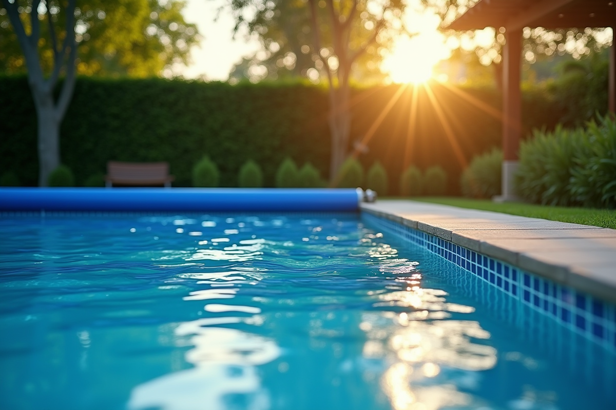 Piscine dans jardin au matin avec couverture solaire partiellement déployée