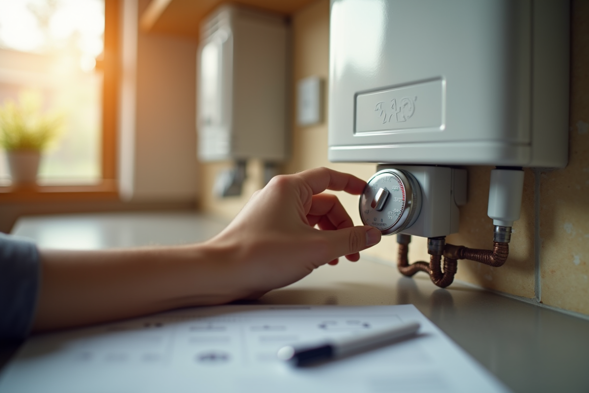Main branchant un minuteur sur une vieille chaudière avec facture