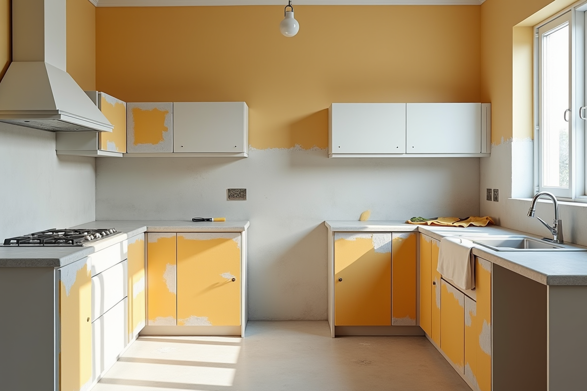 Cuisine en rénovation avec rouleaux de peinture et protection des meubles