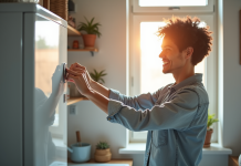 Adulte souriant réglant le thermostat d'une chaudière moderne
