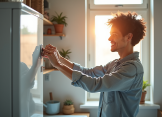 Économiser sur sa facture d’électricité : astuces pour le ballon d’eau chaude ! Adulte souriant réglant le thermostat d'une chaudière moderne