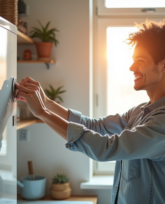 Adulte souriant réglant le thermostat d'une chaudière moderne