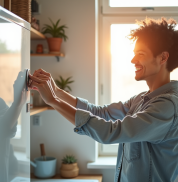 Adulte souriant réglant le thermostat d'une chaudière moderne