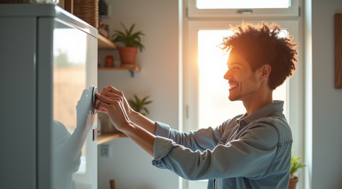 Adulte souriant réglant le thermostat d'une chaudière moderne