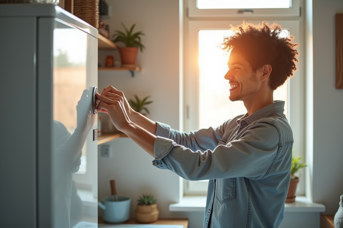 Adulte souriant réglant le thermostat d'une chaudière moderne