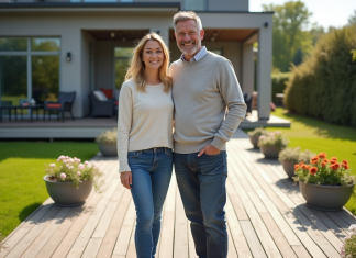 Terrasse en bois composite : prix, avantages et conseils d’achat Couple souriant sur une terrasse en bois composite neuve
