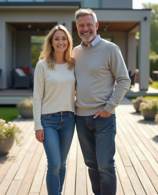 Couple souriant sur une terrasse en bois composite neuve