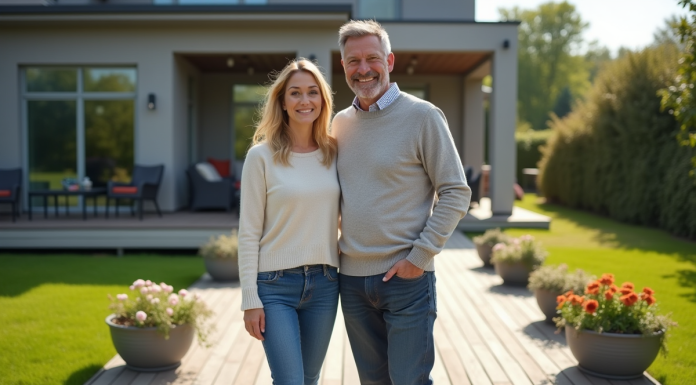 Couple souriant sur une terrasse en bois composite neuve