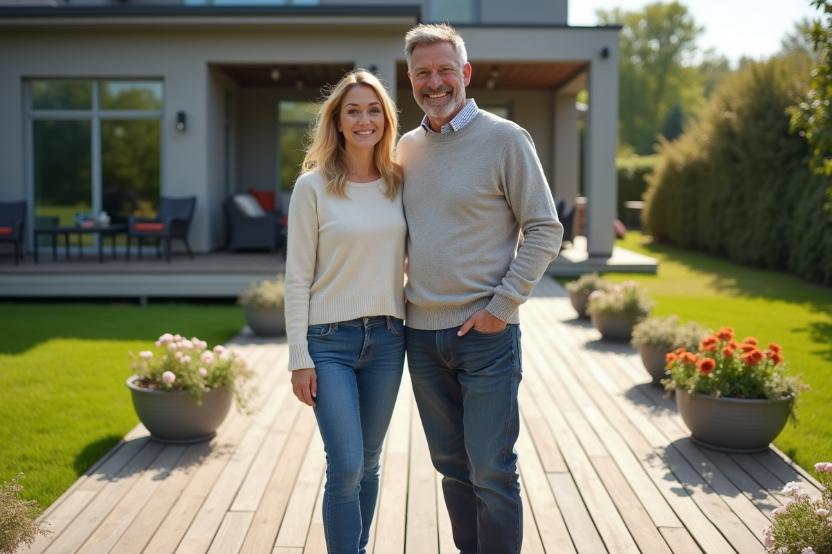 Couple souriant sur une terrasse en bois composite neuve