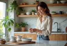 Femme moderne arrangeant des bols en céramique dans une cuisine lumineuse