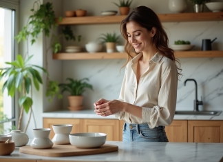 Esthétique de la cuisine : conseils pour sublimer votre espace Femme moderne arrangeant des bols en céramique dans une cuisine lumineuse