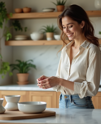 Femme moderne arrangeant des bols en céramique dans une cuisine lumineuse