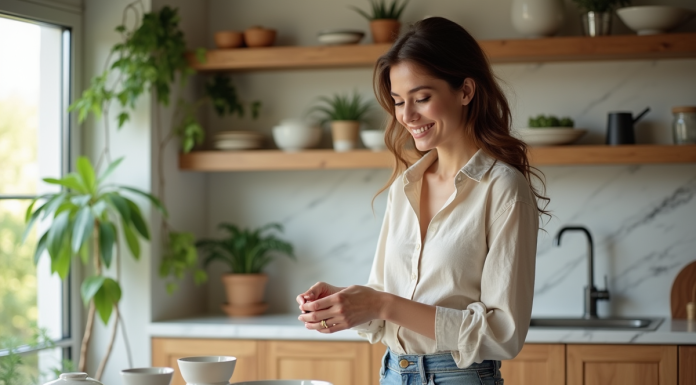 Femme moderne arrangeant des bols en céramique dans une cuisine lumineuse