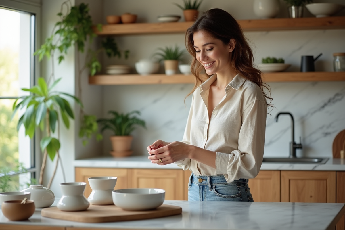 Femme moderne arrangeant des bols en céramique dans une cuisine lumineuse