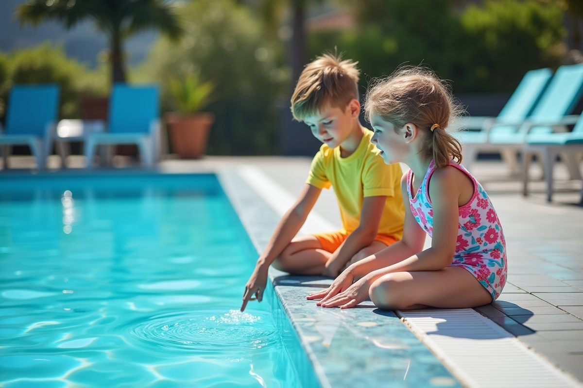 Deux enfants pointant les nuances de bleu dans la piscine