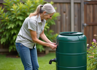 Recycler l’eau de pluie : astuces pratiques pour économiser et protéger l’environnement Femme connectant un tonneau d'eau dans un jardin
