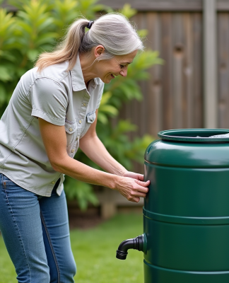 Femme connectant un tonneau d'eau dans un jardin