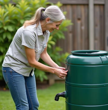 Femme connectant un tonneau d'eau dans un jardin