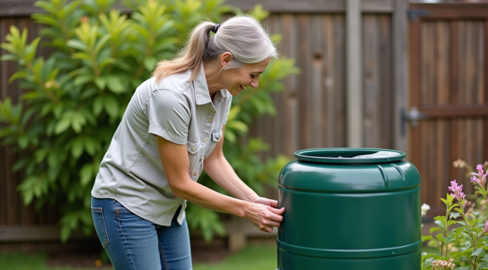 Femme connectant un tonneau d'eau dans un jardin