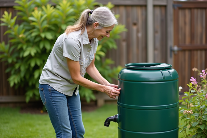 femme-connecte-rain-barrel-jardin Femme connectant un tonneau d'eau dans un jardin