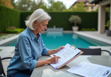 Femme examinant des plans de piscine dans un jardin résidentiel