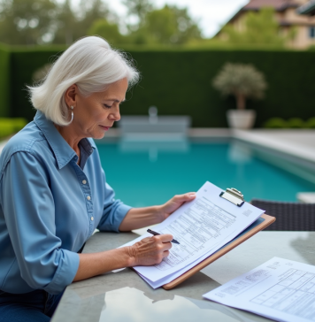 Calcul de la taxe d’aménagement pour une piscine : démarches et règles à connaître Femme examinant des plans de piscine dans un jardin résidentiel