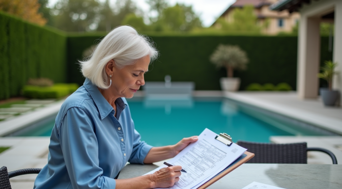 Femme examinant des plans de piscine dans un jardin résidentiel