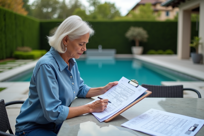 Femme examinant des plans de piscine dans un jardin résidentiel