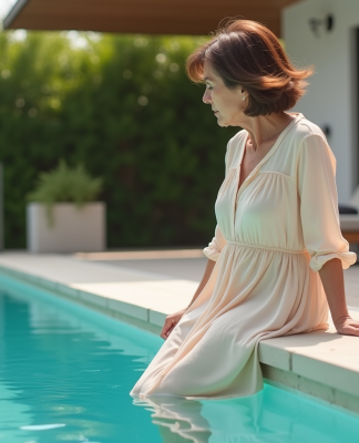 Femme contemplant la piscine turquoise dans un jardin moderne