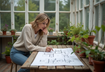 Femme moyenne âge étudie plans de rénovation dans une véranda