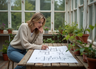 Moderniser une vieille véranda : astuces et conseils pour réussir la transformation Femme moyenne âge étudie plans de rénovation dans une véranda