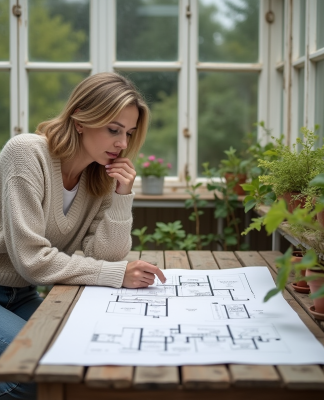 Femme moyenne âge étudie plans de rénovation dans une véranda